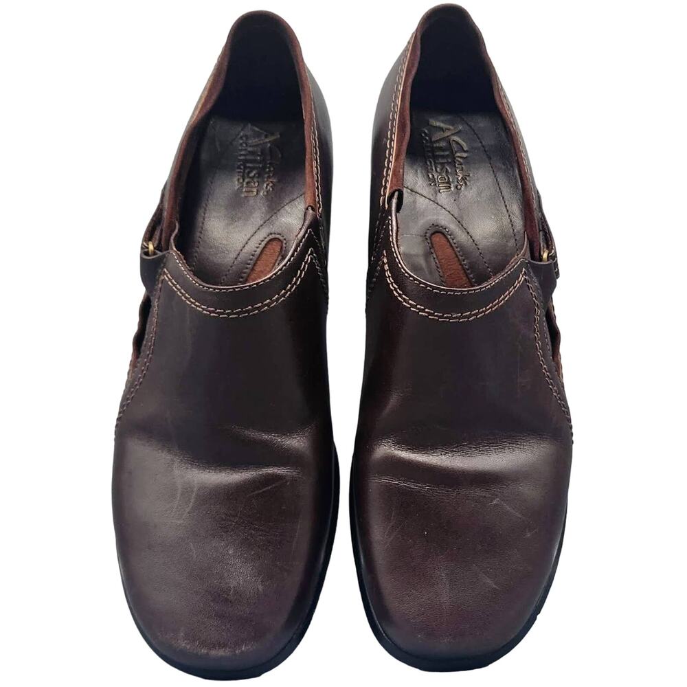 Clarks Artisan Collection #74051 Women's Wedge Slip-On Brown Leather Shoes 9M